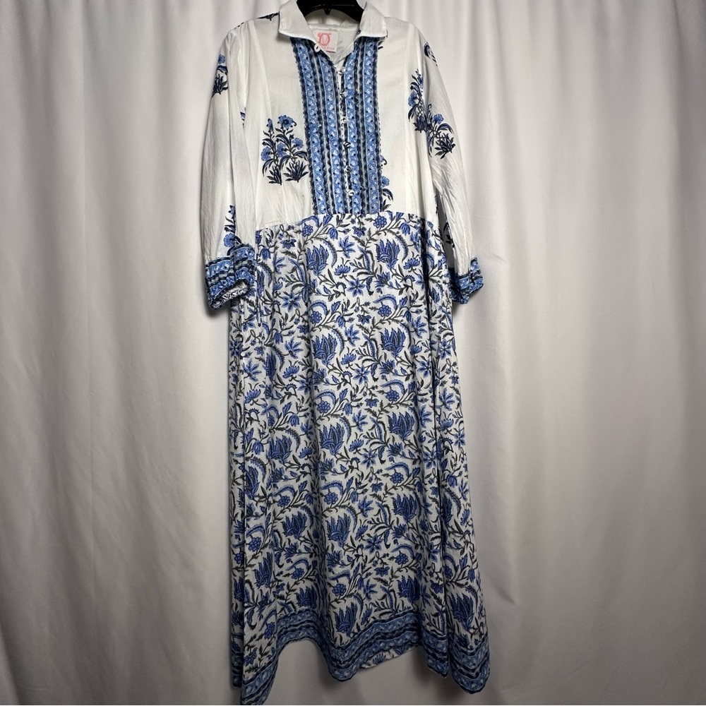 Victoria Dunn Blue & White Floral Midi Dress XS Long Sleeve
